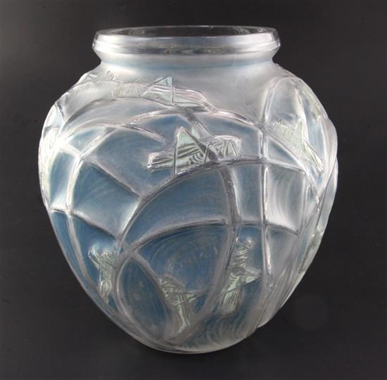 A Rene Lalique Sauterelles blue and green stained ovoid glass vase, height 27.3cm